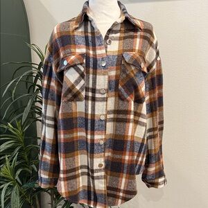 Women’s Plaid Top Long Sleeve Button Front Casual Brown Warm Colors S